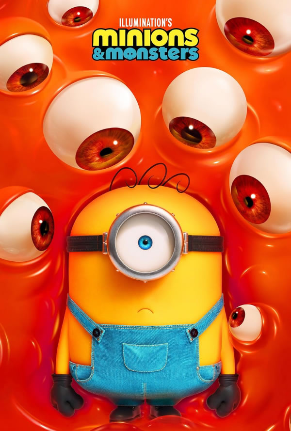 Minion in blue overalls and goggles stands in orange slime, surrounded by many floating eyes; poster title 'Illumination's Minions & Monsters' above.