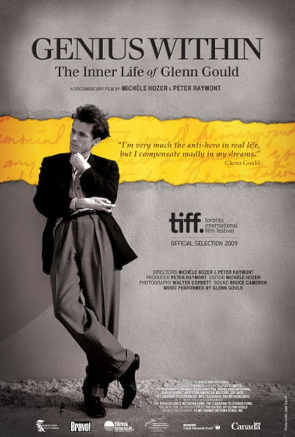 Poster for the documentary Genius Within: The Inner Life of Glenn Gould, showing a man in a suit leaning against a wall with a yellow taped strip across.