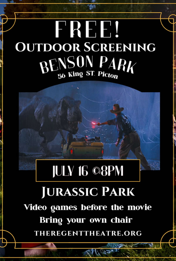 Poster advertising a free outdoor screening of Jurassic Park at Benson Park, 56 King St, Picton, July 16 at 8 PM; bring your own chair.