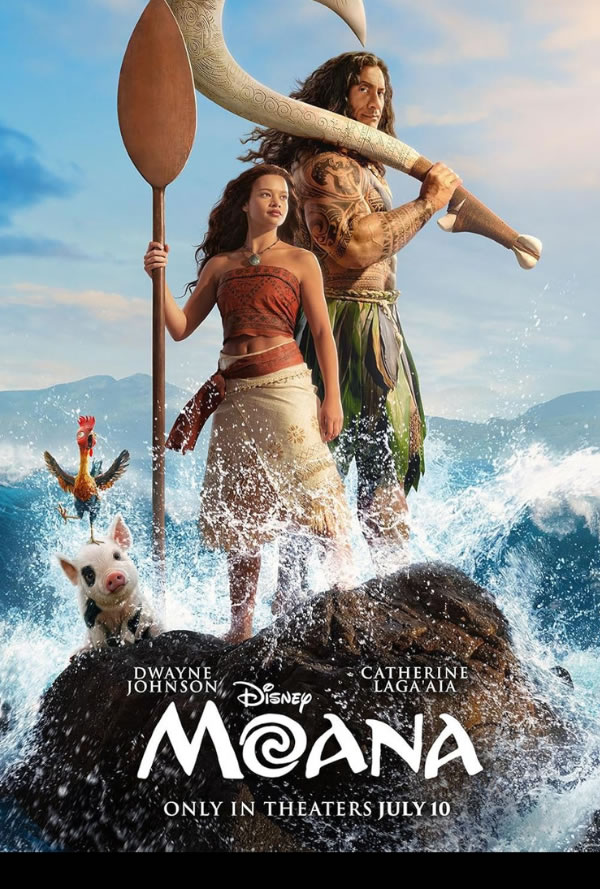 Disney's Moana poster: Moana and Maui stand on rocks amid crashing waves, with Heihei the chicken and Pua the pig nearby; adventure at sea.