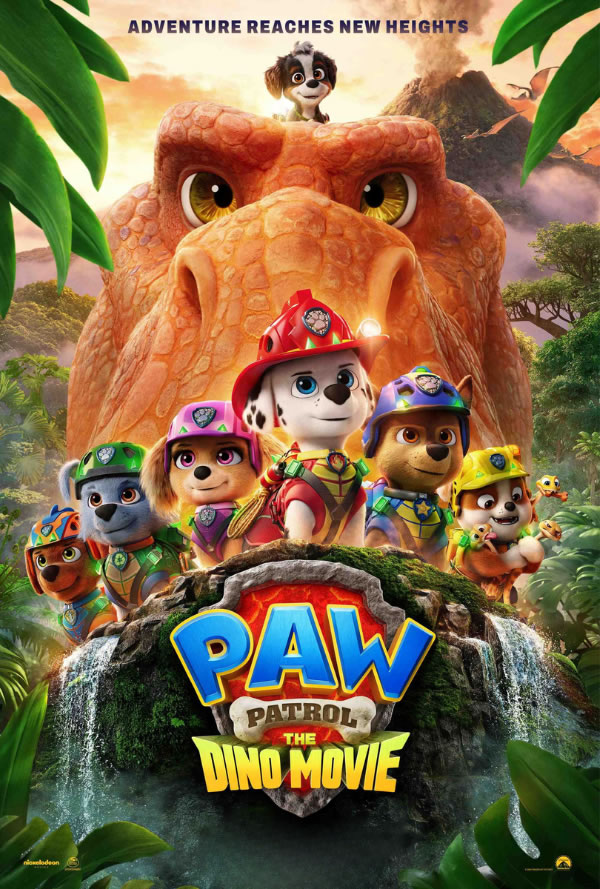 Paw Patrol poster with pups in explorer outfits in front of a giant orange dinosaur head, jungle background and waterfall.