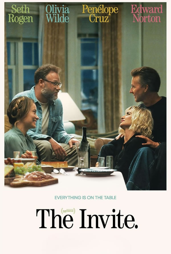 Poster for The Invite featuring four actors around a dining table with food and wine; tagline 'Everything is on the table'.