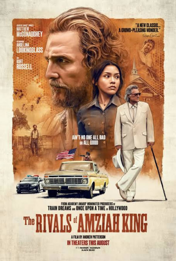 Movie poster for The Rivals of Amiziah King showing a bearded man in profile, a woman, and a suited man against a vintage western backdrop with cars and a town.