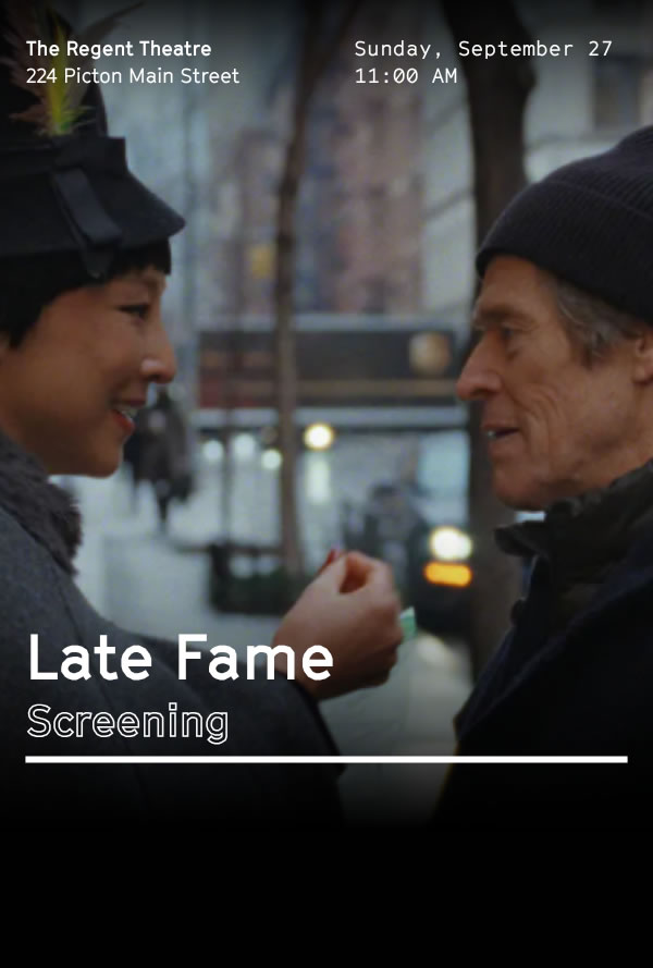 Event poster for Late Fame Screening at The Regent Theatre, with two people facing each other on a city street.