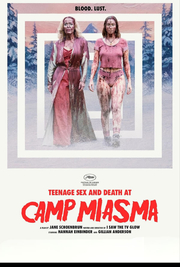 Poster for the film Camp Miasma: two bloodied women stand in a snowy forest, framed by nested white squares, with a bold red title at the bottom. The tagline at the top reads 'Blood. Lust.'