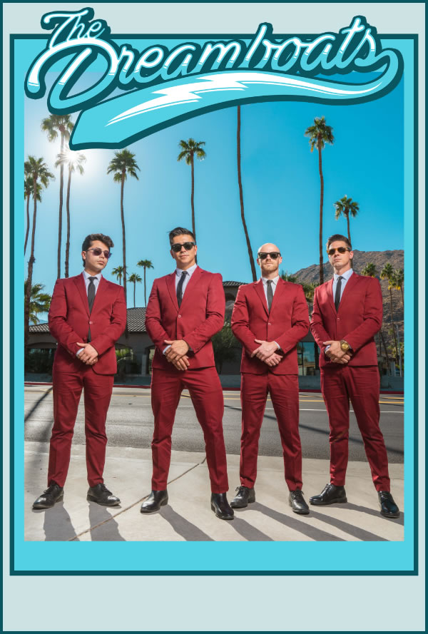 Four men in red suits and sunglasses stand in a row outdoors with palm trees behind them; promotional photo for The Dreamboats in a sunny setting.