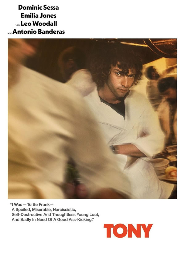 Poster for the film Tony: top shows cast names; a man in a white jacket looks toward the camera in a blurred backstage scene, with the bold red 'TONY' title at bottom right and a quotation on the lower left.
