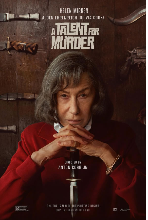 Movie poster for 'A Talent for Murder' featuring Helen Mirren with folded hands over a dagger, director Anton Corbijn attribution (film in theaters fall).