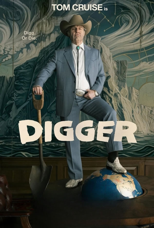 Older man in a suit and cowboy hat stands with a shovel, one foot on a globe; large 'DIGGER' text and 'Digg. Or Die.' tagline in the background.