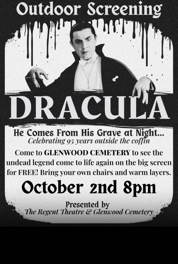 Vintage black-and-white Dracula movie poster featuring a menacing vampire and bold 'DRACULA' title, advertising an outdoor cemetery screening.