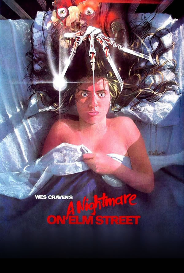 Woman lying in bed, terrified as a razor-gloved claw descends above, from the Nightmare on Elm Street poster.