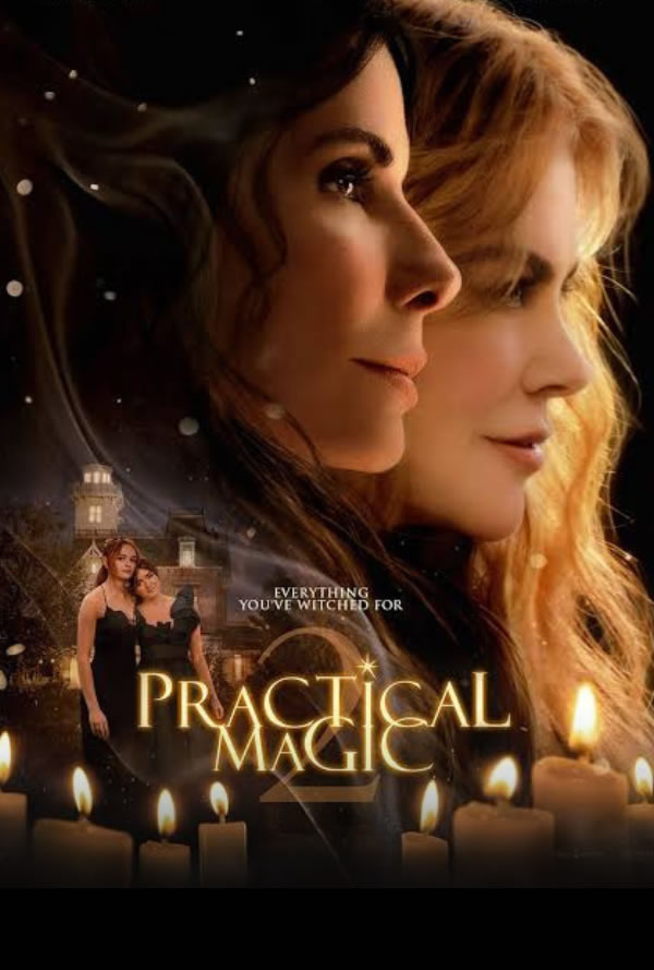 Movie poster for Practical Magic featuring two women in profile, candlelit foreground, and a nighttime background with a small cityscape; title 'Practical Magic' and the tagline "Everything you've witch'd for".