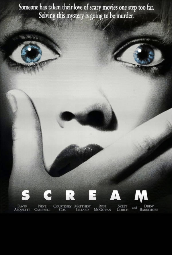 Close-up of a frightened woman's face from the Scream poster, with hands over her mouth and wide blue eyes, title SCREAM at the bottom, and the tagline above.