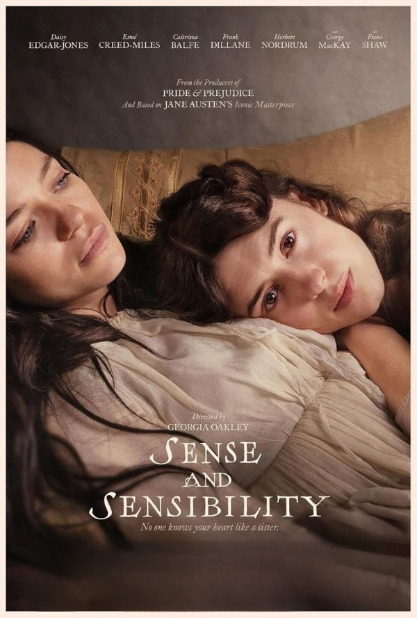 Sense and Sensibility movie poster: two women lying closely on a bed, gazing softly, warm tones throughout a vintage style poster.
