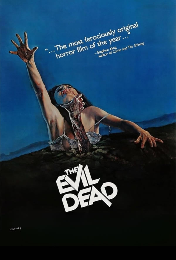 Woman emerges from the ground reaching upward on a blue The Evil Dead poster; torn clothes with the film title at the bottom.