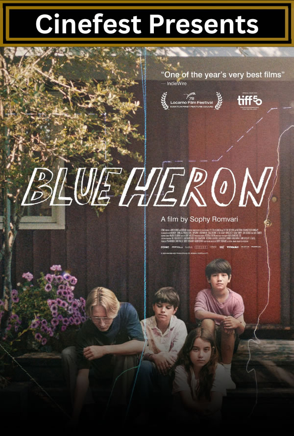 Event poster: 'Cinefest Presents' banner over a film poster for 'Blue Heroon' by Sophy Romvari, with festival laurels and credits visible on a dark background.