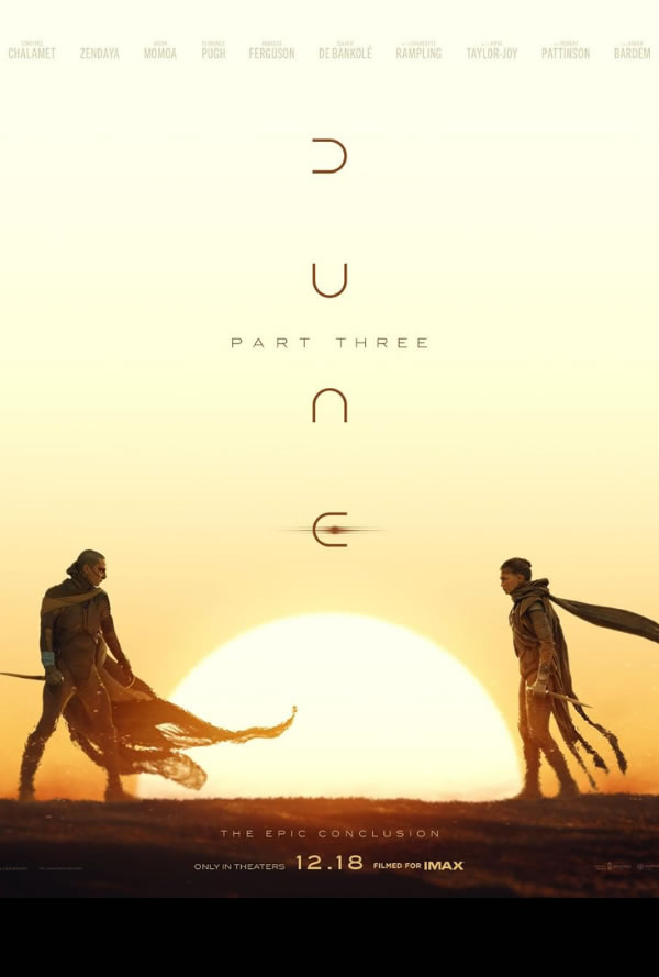 Poster for Dune: Part Three showing two desert-clad figures facing each other against a setting sun in a pale yellow sky.