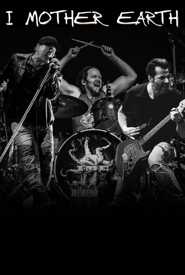Black-and-white photo of a rock band performing on stage: vocalist left, drummer center with drumsticks raised, guitarist right; bass drum features a graphic; band name 'I MOTHER EARTH' appears at the top of the image.