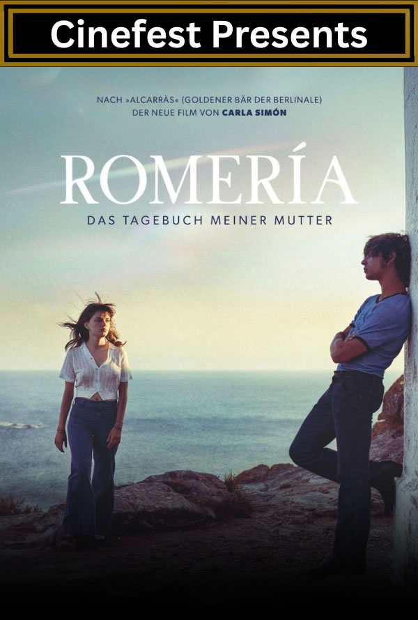 Film poster for Romería: two people by the sea, woman left, man leaning on a wall right, sunlit horizon.
