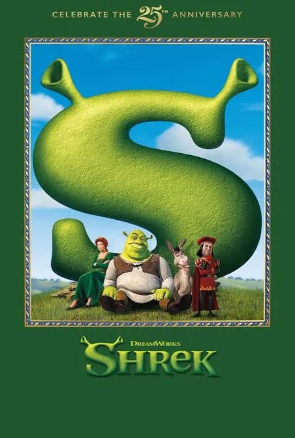 Shrek poster commemorating 25th anniversary featuring a giant green S and the Shrek characters.