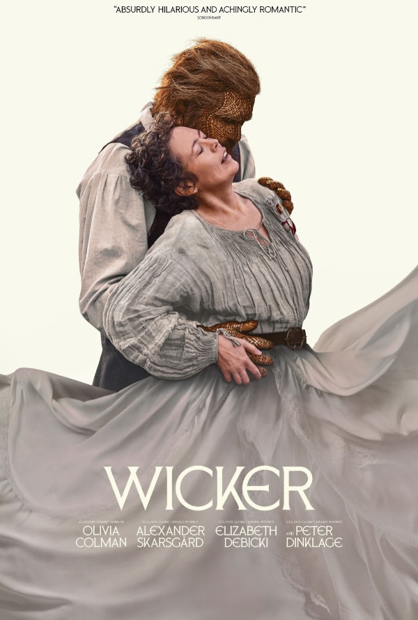 Movie poster for WICKER: a woman in a gray flowing dress leans back into a masked, cloaked man; dramatic fabric swirls around them.