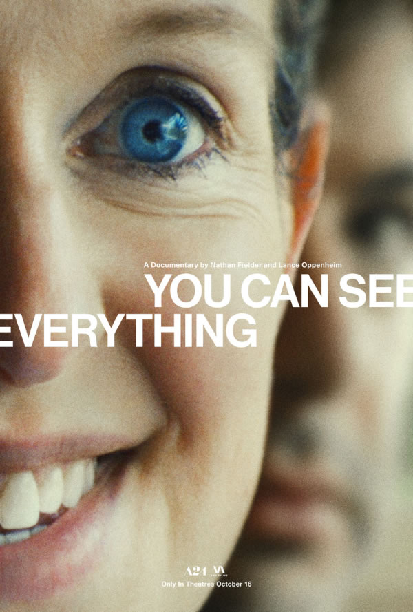 Close-up of a smiling woman's face with a bright blue eye, overlaid by the title 'YOU CAN SEE EVERYTHING' for a documentary poster.